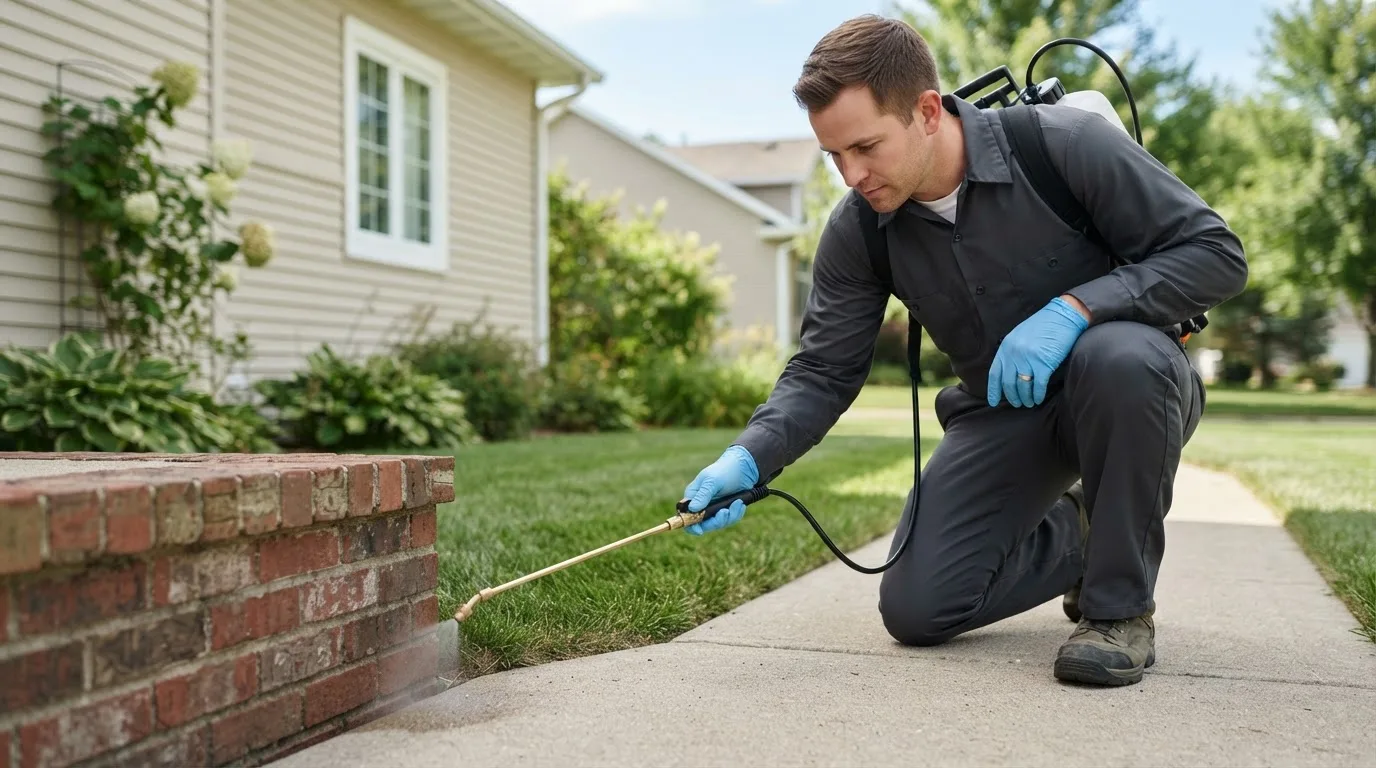 Pest control technician treating a home near Oran, IA