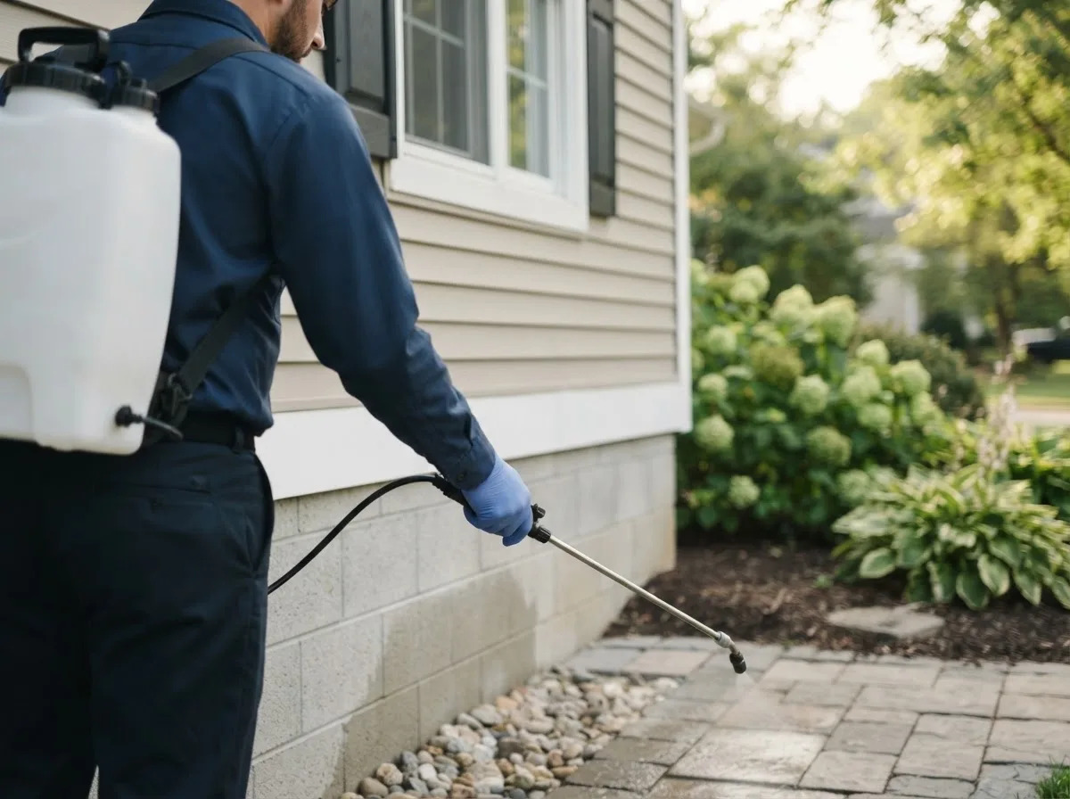 Pest control technician inspecting a home in Oran, IA